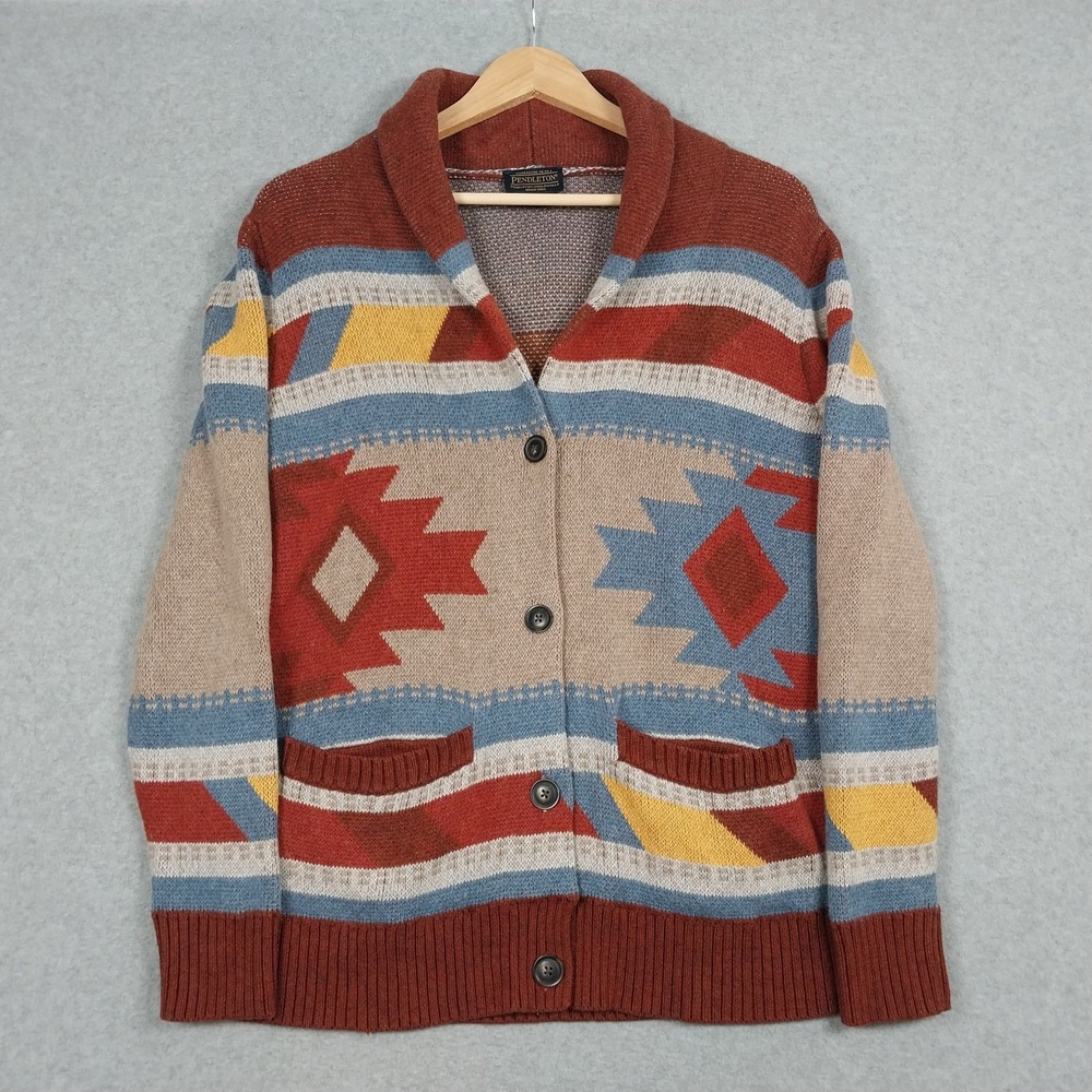 Pendleton Sweater Mens Medium Red Shawl Collar Southwest Aztec Knit Cardigan